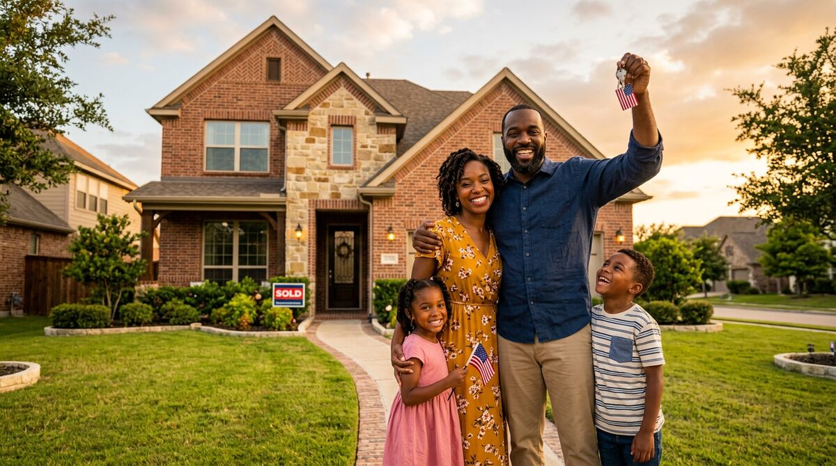 Family celebrating keys to their new home in Texas